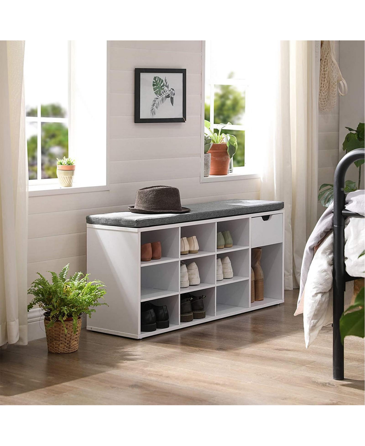 Slickblue Cubbie Shoe Cabinet Storage Bench with Cushion, Adjustable Shelves,- White