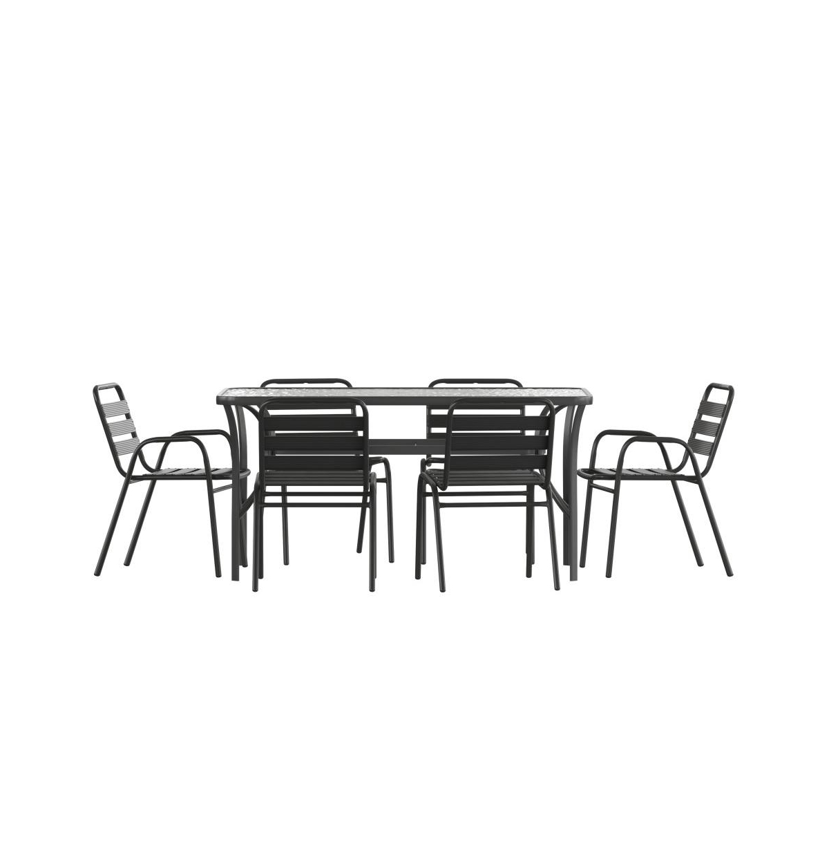 Merrick Lane Laney 7 Piece Outdoor Dining Set With Tempered Glass Patio Table, 4 Stackable Metal Slat Chairs, 2 Stackable Metal Slat Armchairs - Black