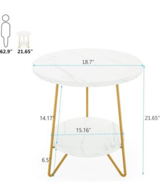 Faux Marble End Table, 2 Tier Round Side Table with Shelves, Modern Gold Nightstand Bedside Table Small Coffee Accent Table for Living Room Bedroom, White and Gold