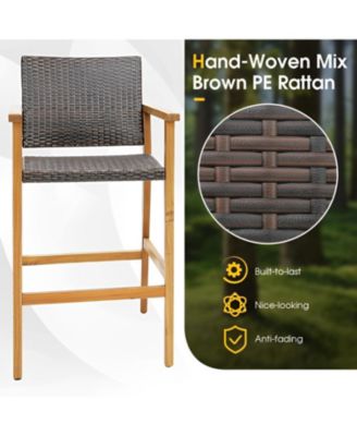 Set of 2 PE Wicker Patio Bar Chairs with Acacia Wood Armrests