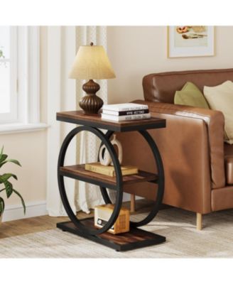 narrow with 3 shelves, wood and metal, slim end table for living room or bedroom nightstand use.