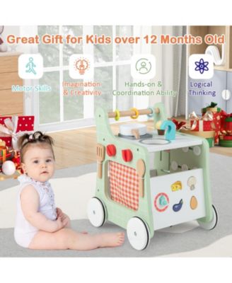 6-in-1 Wooden Baby Stroller with Play Kitchen for Kids Over 12 Months