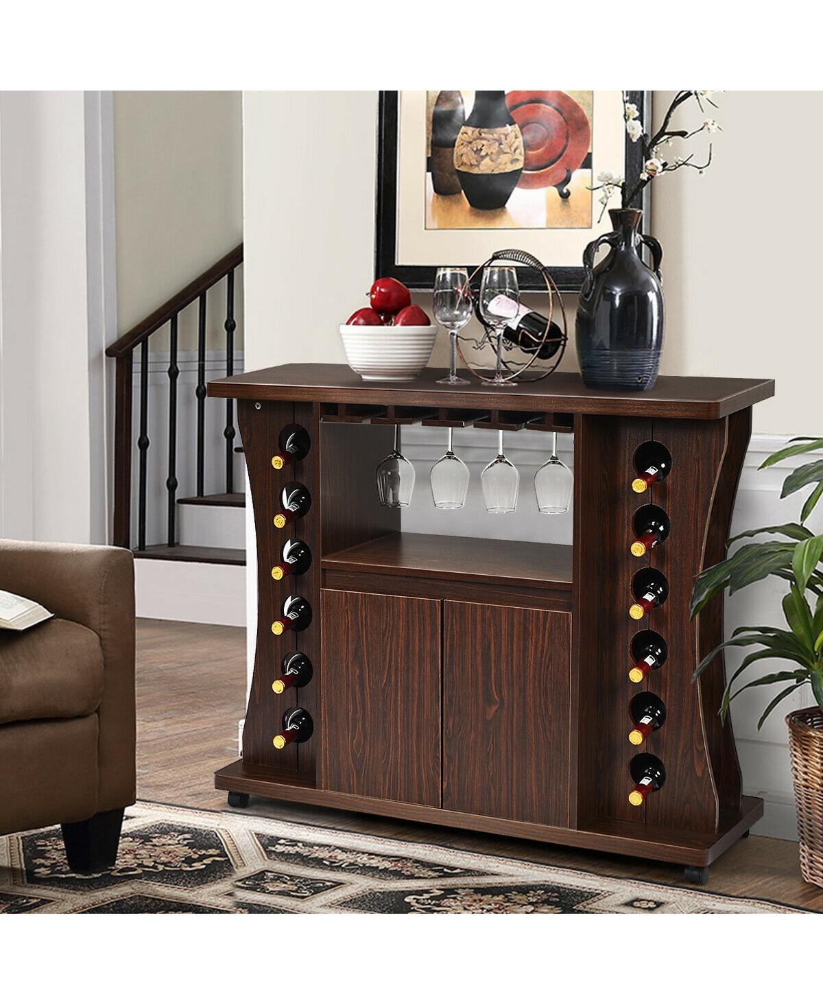 Sugift Rolling Wine Storage Buffet Sideboard Wooden Bar Storage Cabinet