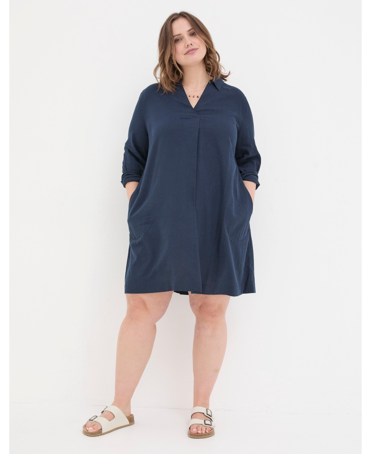 Plus Size Mina Linen Blend Tunic Dress - Navy