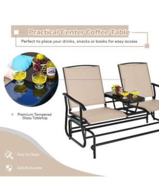 2-Person Double Rocking Loveseat with Mesh Fabric and Center Tempered Glass Table