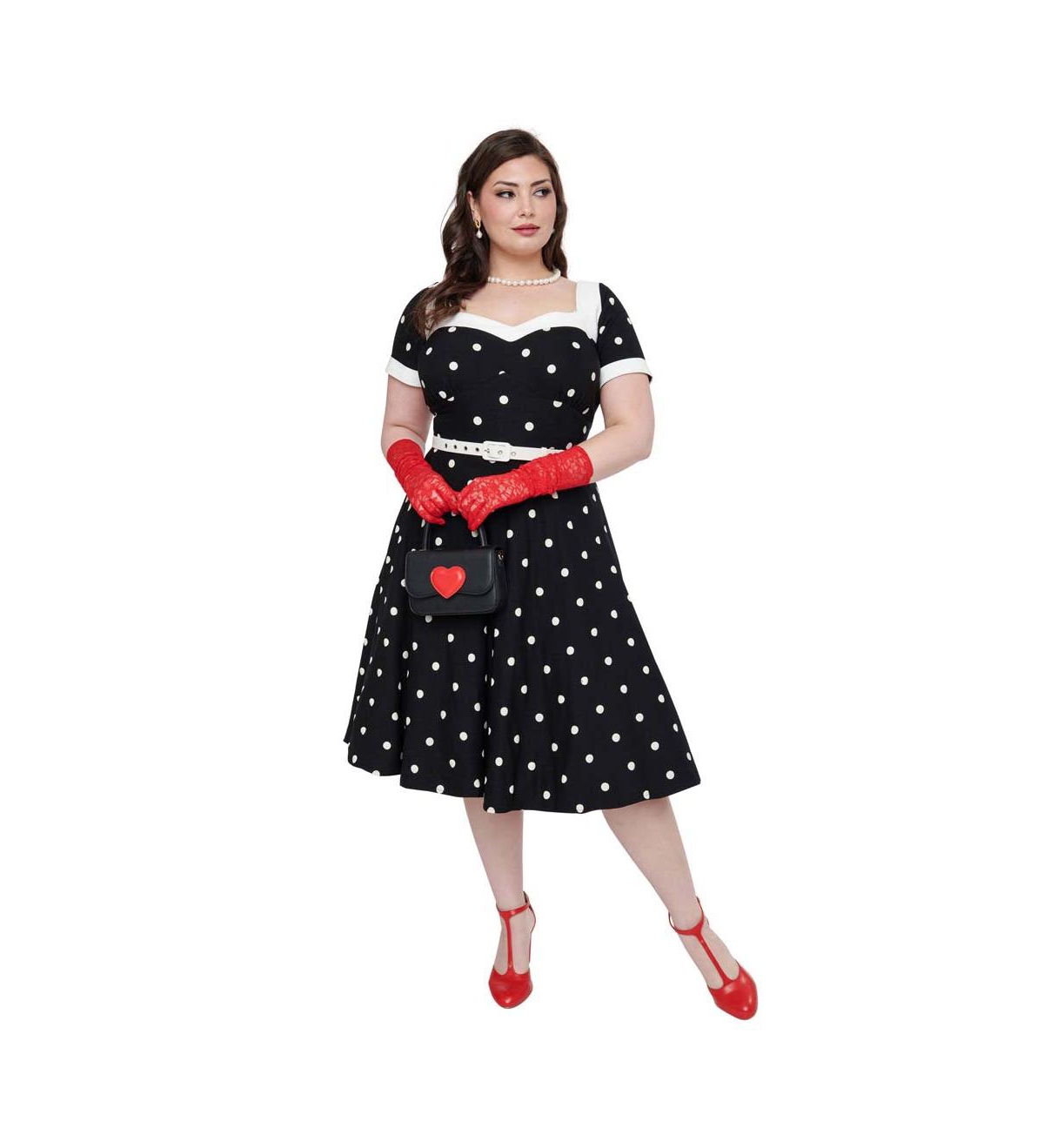 Plus Size 1950s Sweetheart Neckline Swing Dress - Black  white polka dot
