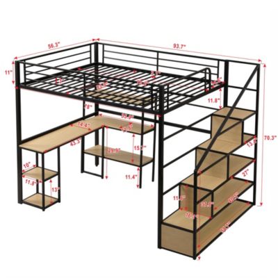 Full Size Metal Loft Bed With Staircase, Built-In Desk And Shelves