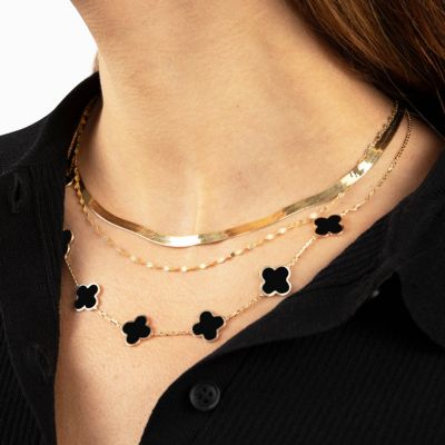Large Onyx Clover Necklace 14K Yellow Gold