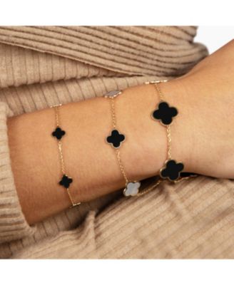 Small Mother of Pearl and Onyx Mixed Clover Bracelet 14K Gold