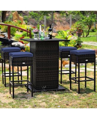 5 Pieces Patio Rattan Cushioned Bar Furniture Set with Hidden Storage Shelf
