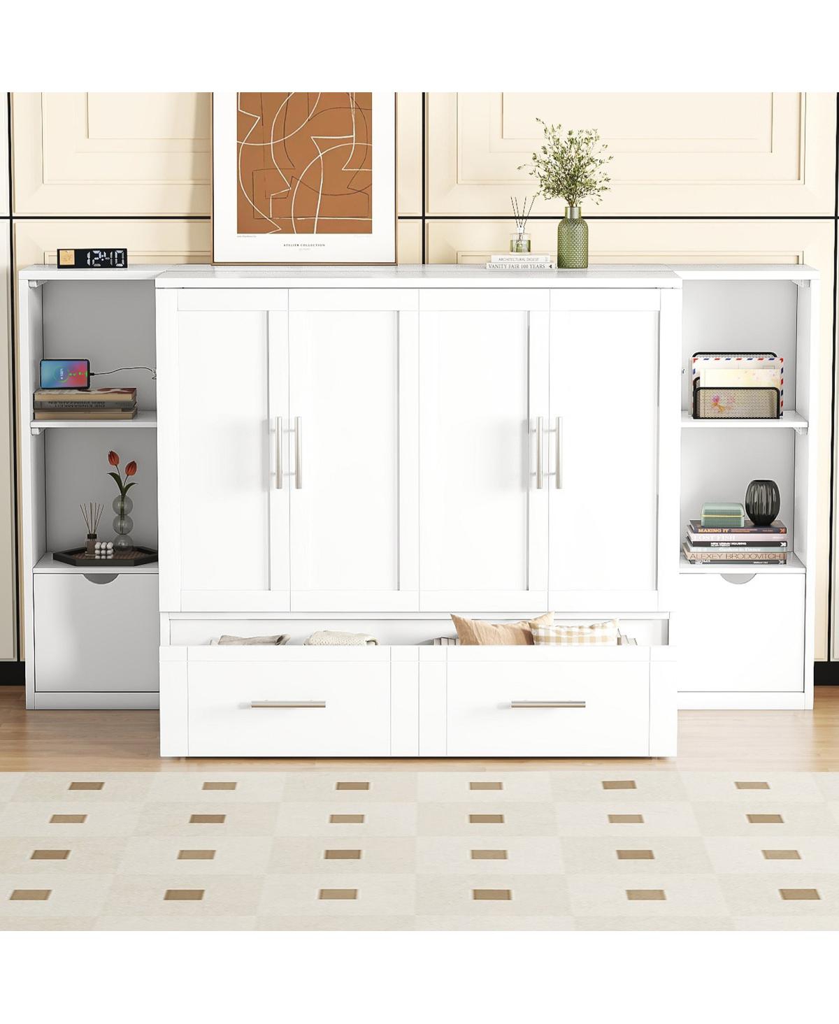 Simplie Fun Queen Size Murphy Bed With Shelves, Drawers And Usb Ports, White