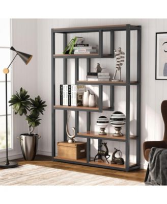 6-Shelf Industrial Bookshelf, Vintage Etagere Bookcase, 69 Inch Tall Storage Display Staggered Shelves with Sturdy Metal Frame for Home Office