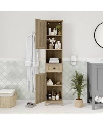 1Pc Slim Linen Tower with Drawer, Magnetic Doors & Open Shelf Organizer