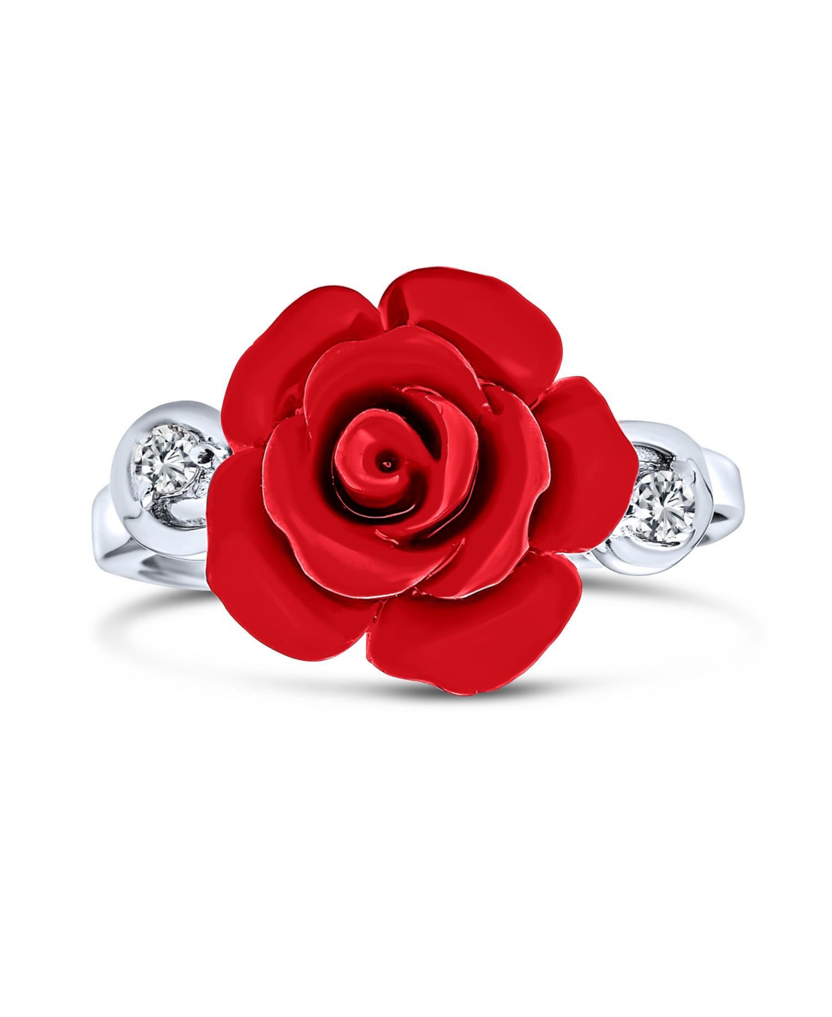 Cz Accent Flower Fashion Red carved Rose Statement Ring For Women For Teen .925 Sterling Silver - Red