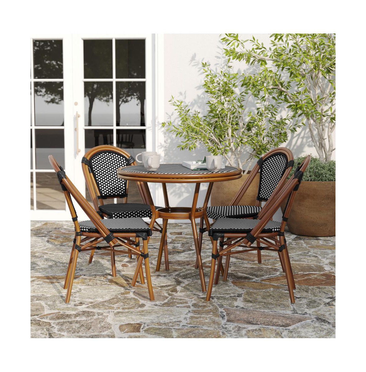 Merrick Lane Sacha Bistro Style Table With Glass Top, Pe Rattan, Stack Chairs