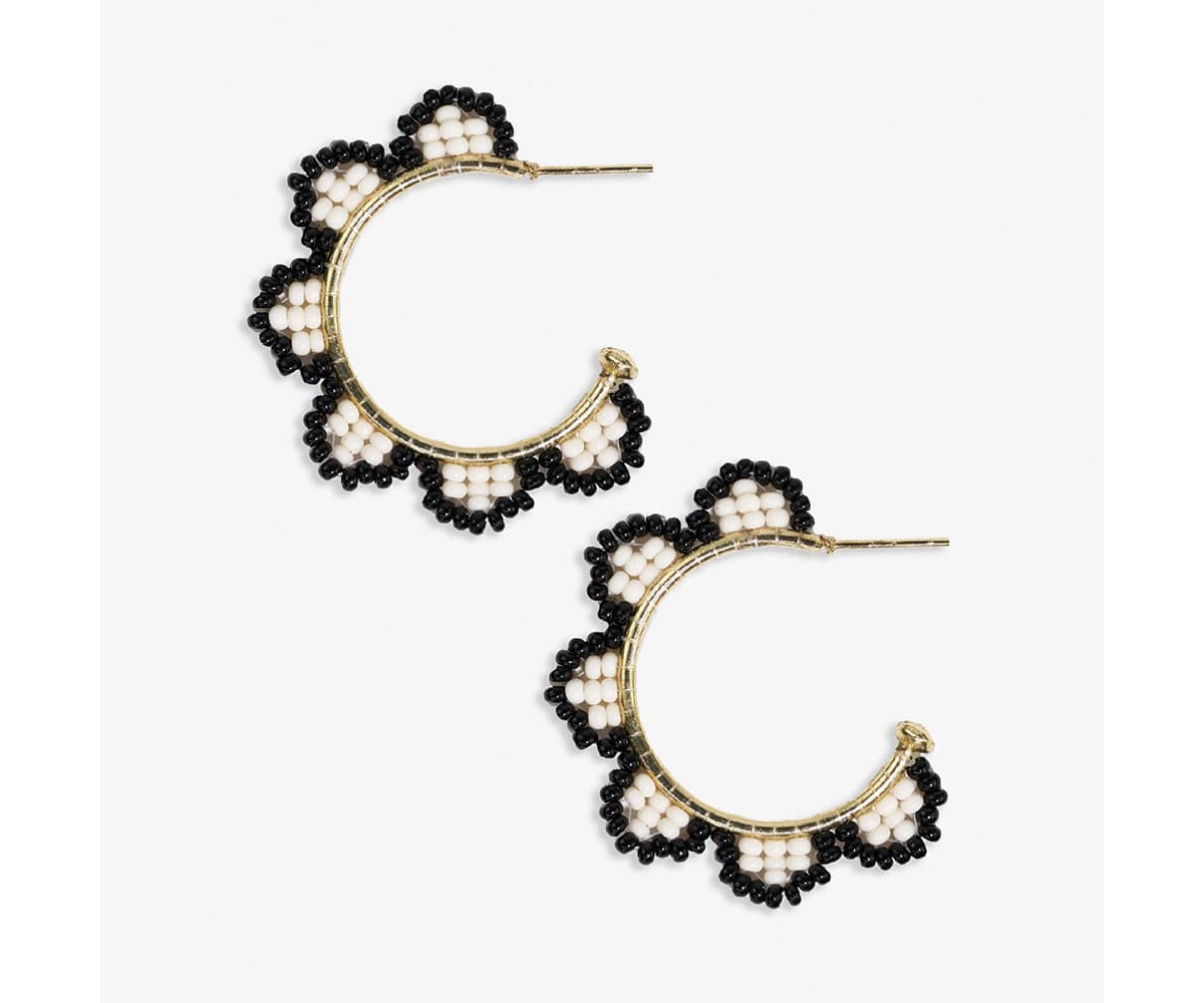 Luna Beaded Scallop Gold Hoop Earrings - Black/white
