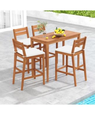 Set of 2 Outdoor Wood Barstools with Soft Seat Cushion