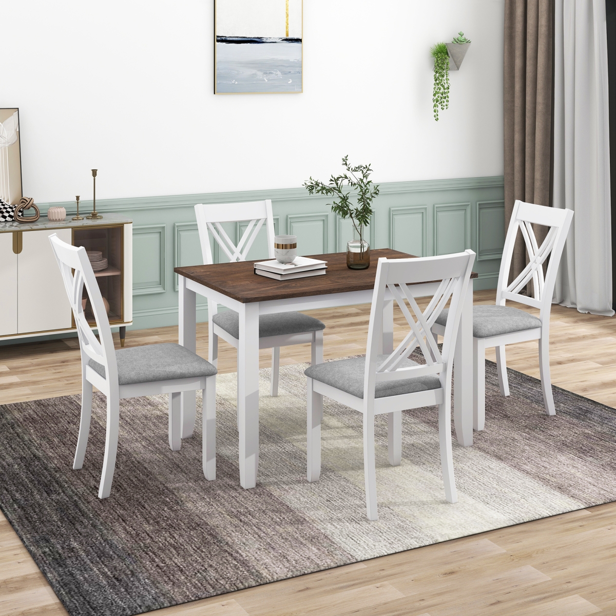 Simplie Fun Rustic Minimalist Wood 5-Piece Dining Table Set With 4 X-Back Chairs For Small Places