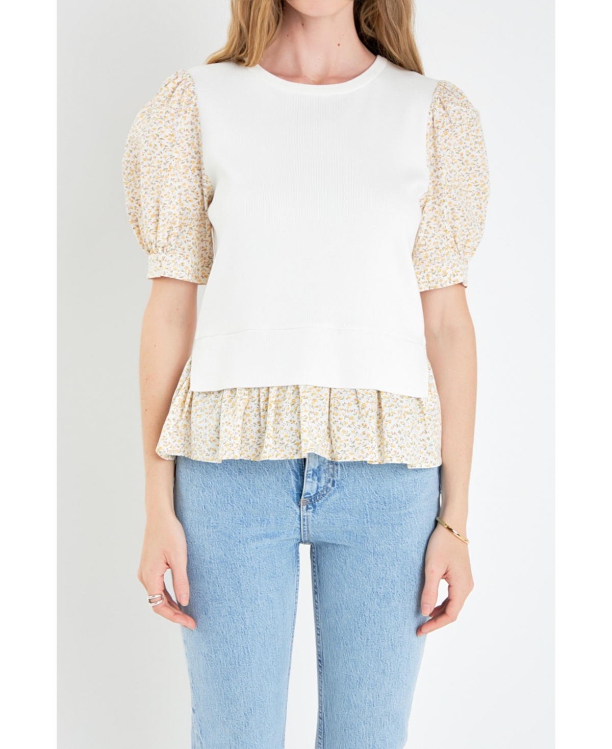 Women's Floral Mixed Media Top - Ivory