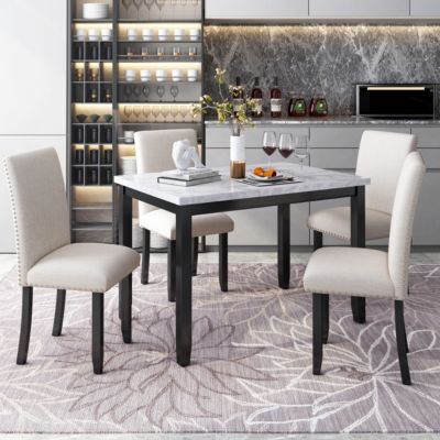 Marble 5-Piece Dining Set Table with 4 Thicken Cushion Dining Chairs