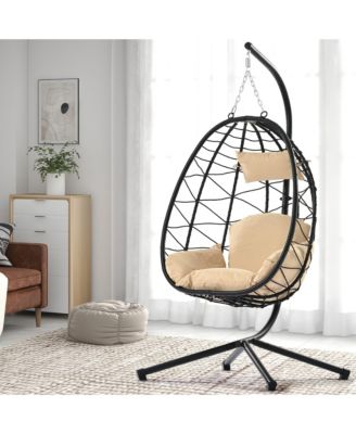 Wicker Hanging Egg Basket Hammock Chair With Stand and Removable Cushions, Red