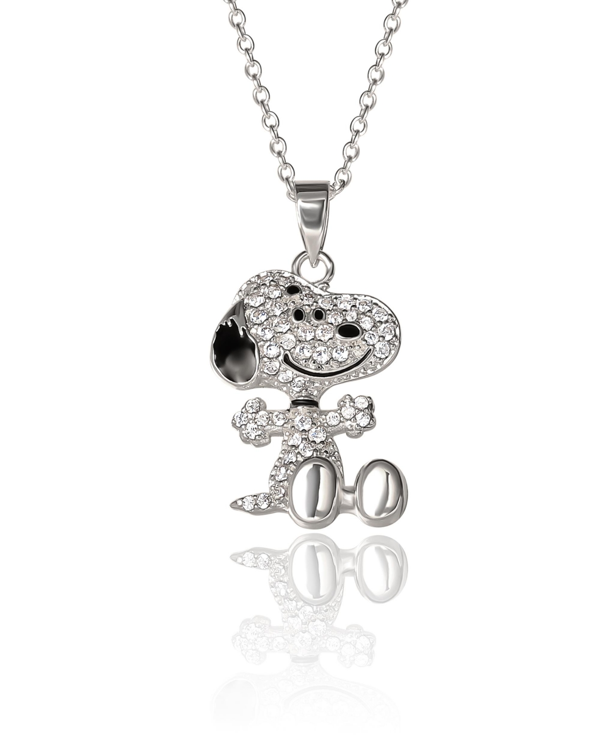Snoopy Silver Plated 3D Pave Pendent, 18'' Chain - Silver tone, black