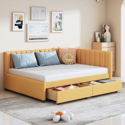 Simplie Fun Yellow Upholstered Daybed with Storage Drawers & No Box Spring Needed
