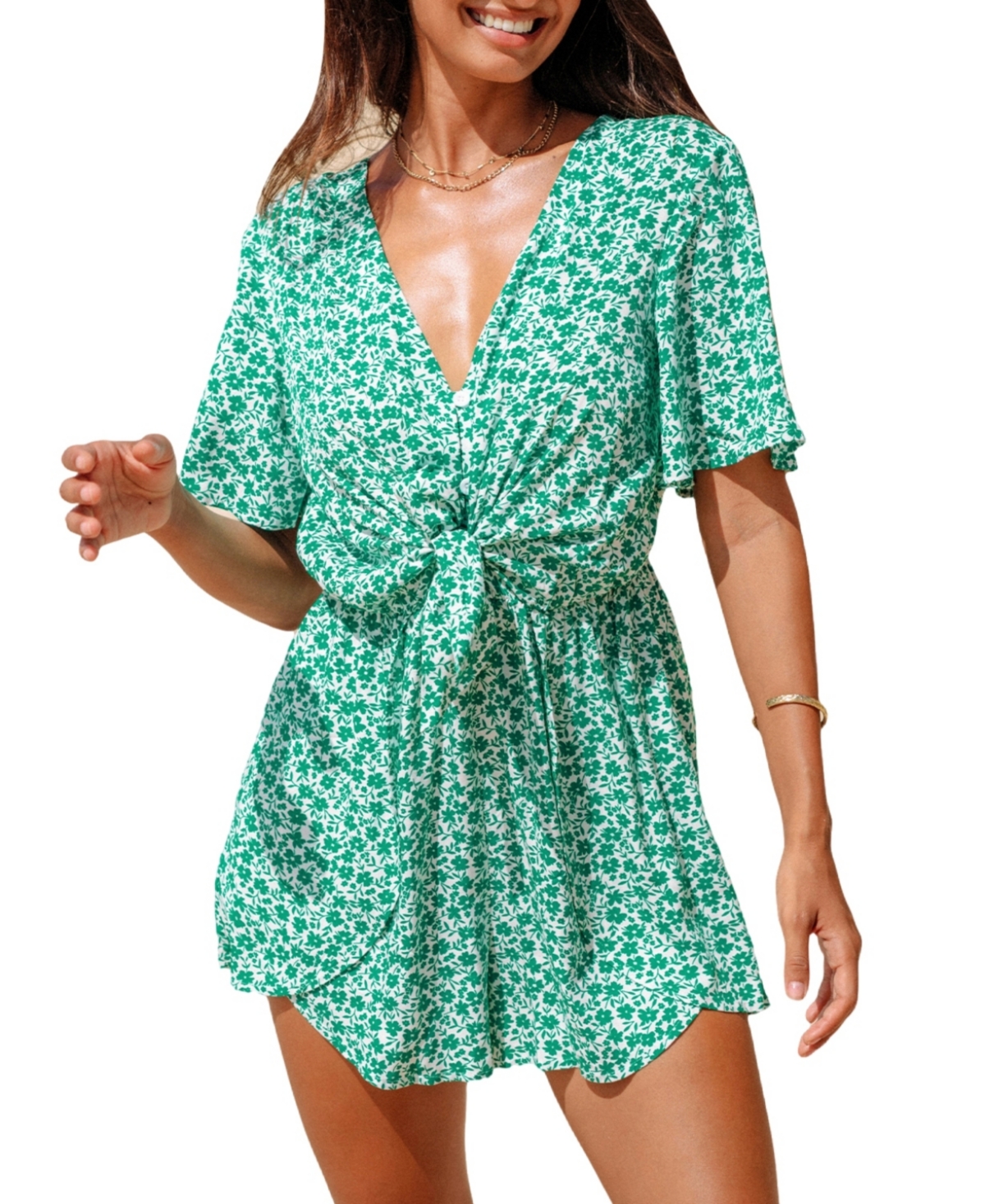 Women's Green & White Ditsy Plunging Front Tie Romper - Light/pastel green