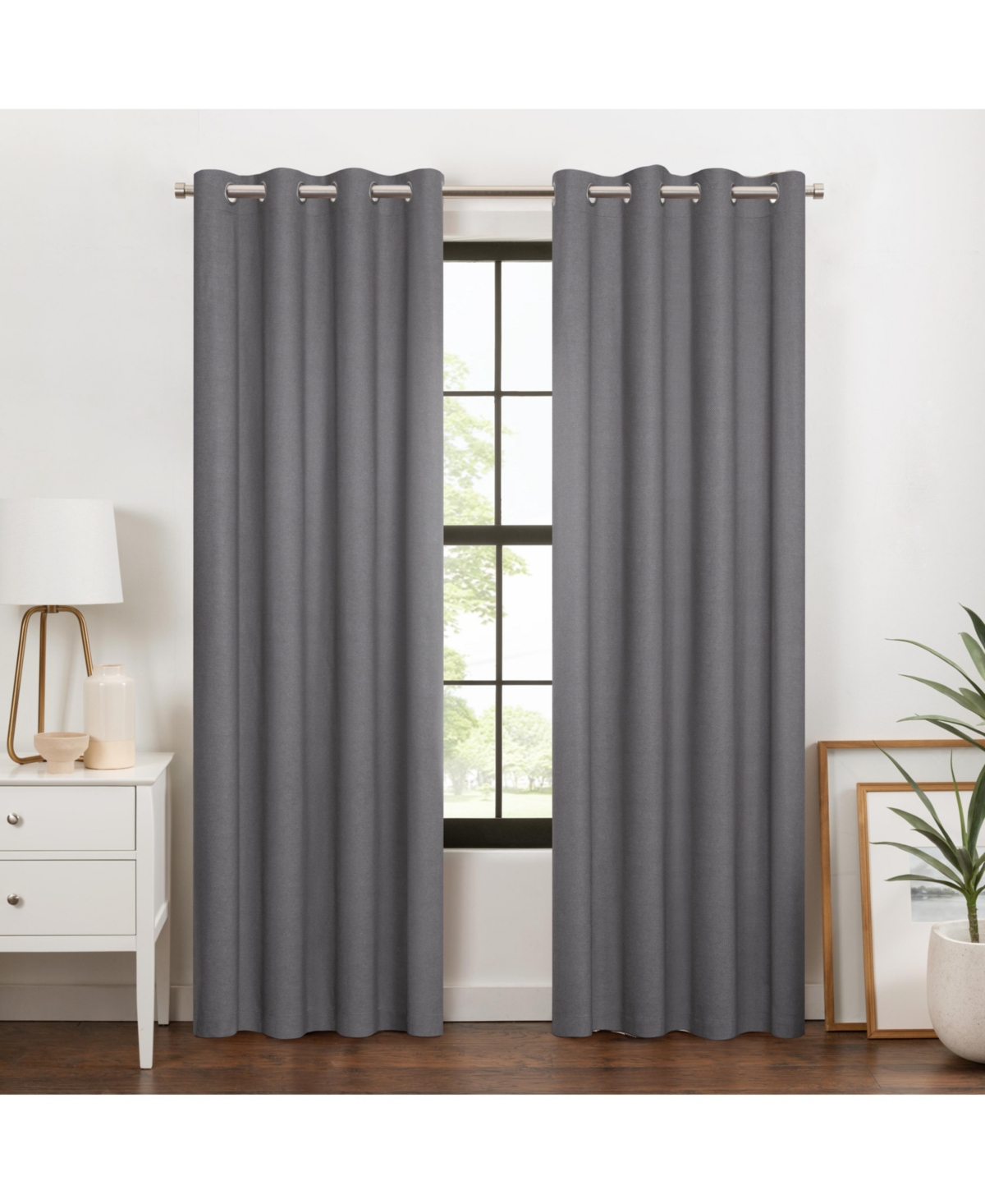 100% Blackout Curtain, Larissa Solid Grommet Curtain, 63 in Long x 50 in Wide, Textured, Dark Grey - Grey