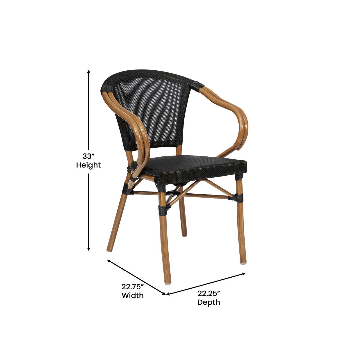 Merrick Lane Mael Set Of Two Stacking Thonet Bistro Style Chair With Arms, Textilene Seat, And Bamboo Finished Metal Frame For Indoor/Outdoor Use - Bl