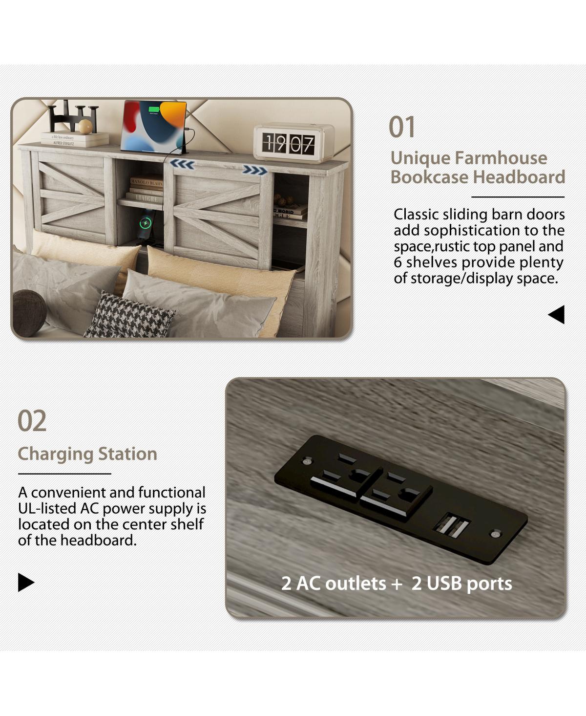 Streamdale Furniture Rustic Size Farmhouse Bed with Charging Station