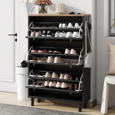 3-Drawer Shoe Cabinet with Hooks and Adjustable Panel