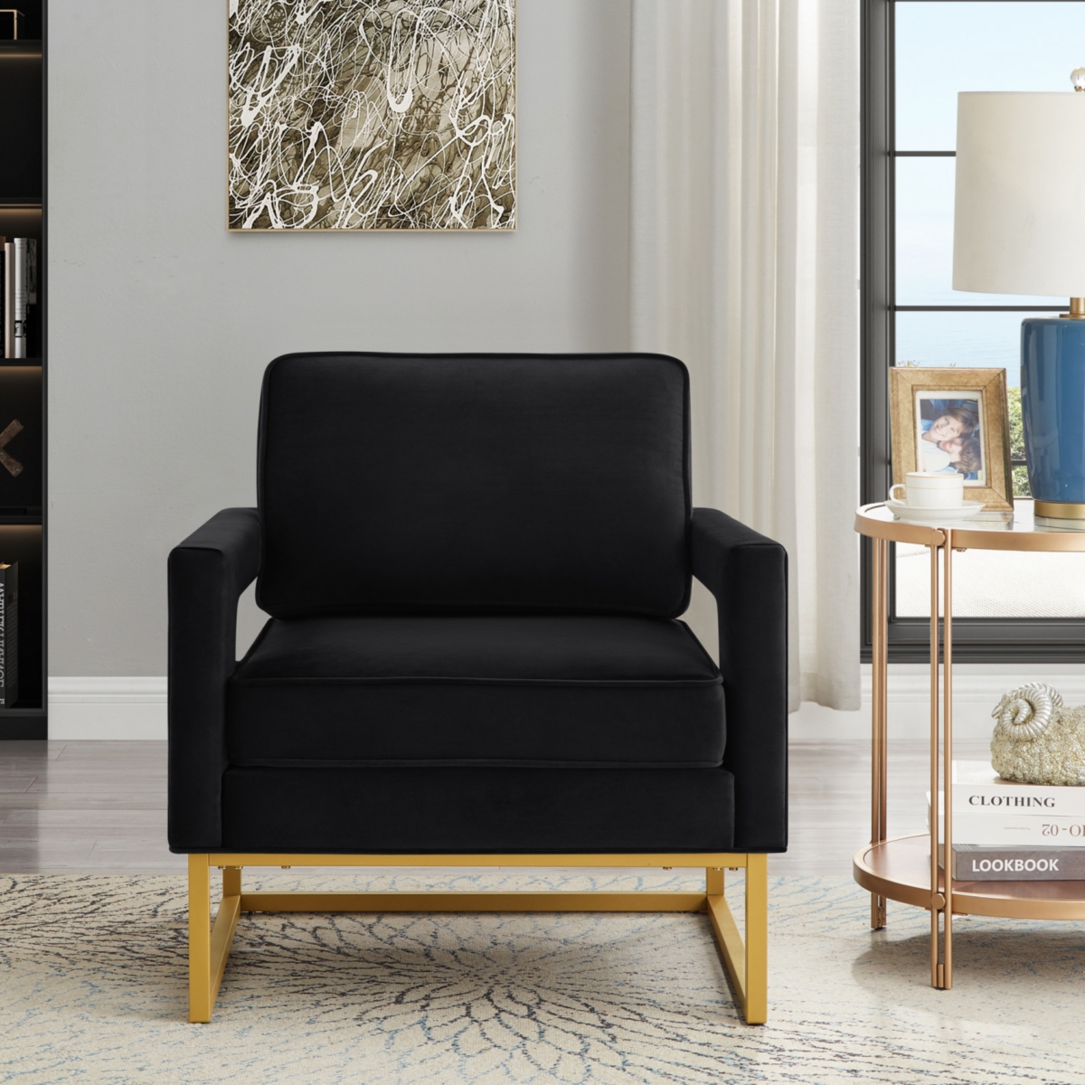 Simplie Fun Black Velvet Accent Chair with Gold Metal Base