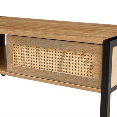 Modern Rattan Coffee Table with Sliding Door Storage