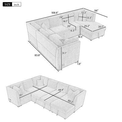 Modern U-Shape Sofa Bed with Power & USB, Storage
