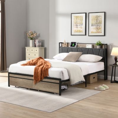 Metal Platform Bed Frame with Storage Headboard