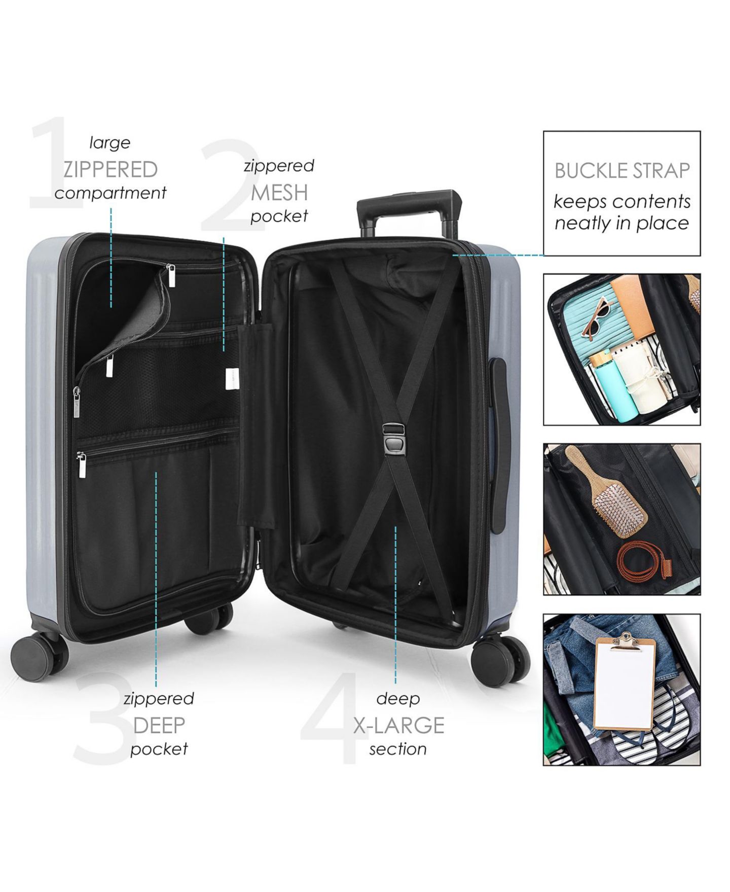 Чемоданы TravelArim 22" Hard Shell Lightweight Carry On Luggage Airline Approved with Smart Organization and Attachable Cosmetic Case, цвет: Металлик серый — фото 4