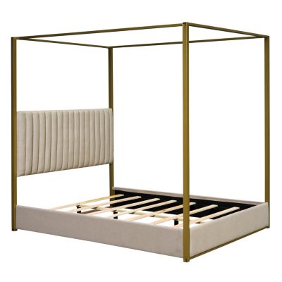 Streamdale Beige Queen Canopy Bed with Headboard and Frame