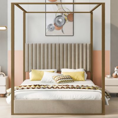 Streamdale Beige Queen Canopy Bed with Headboard and Frame