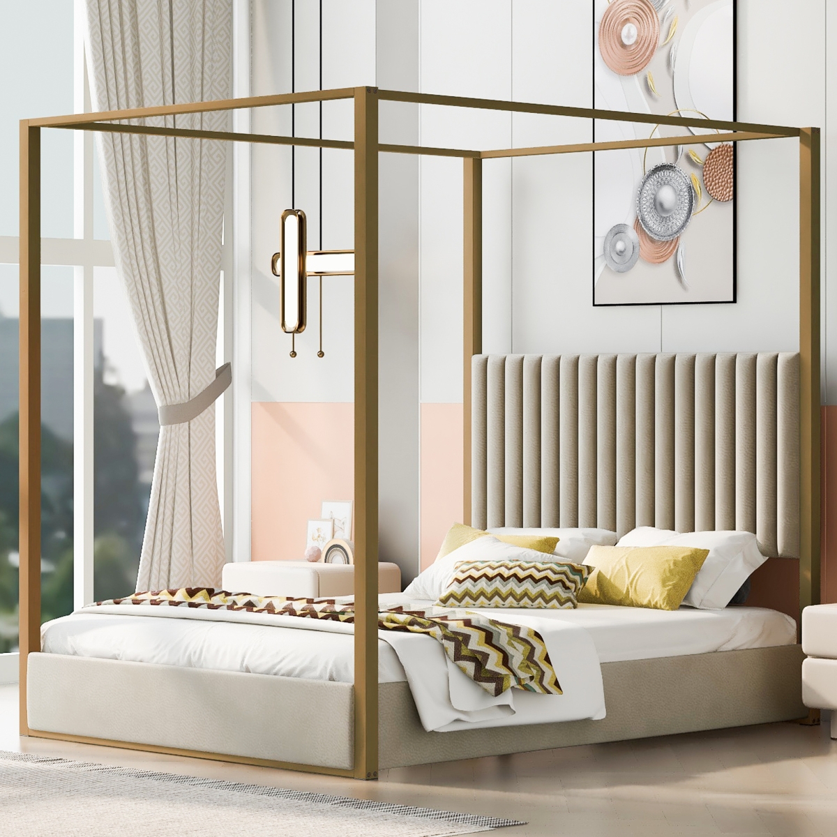 Streamdale Furniture Size Upholstery Canopy Platform Bed With Headboard And Metal Frame,- Beige