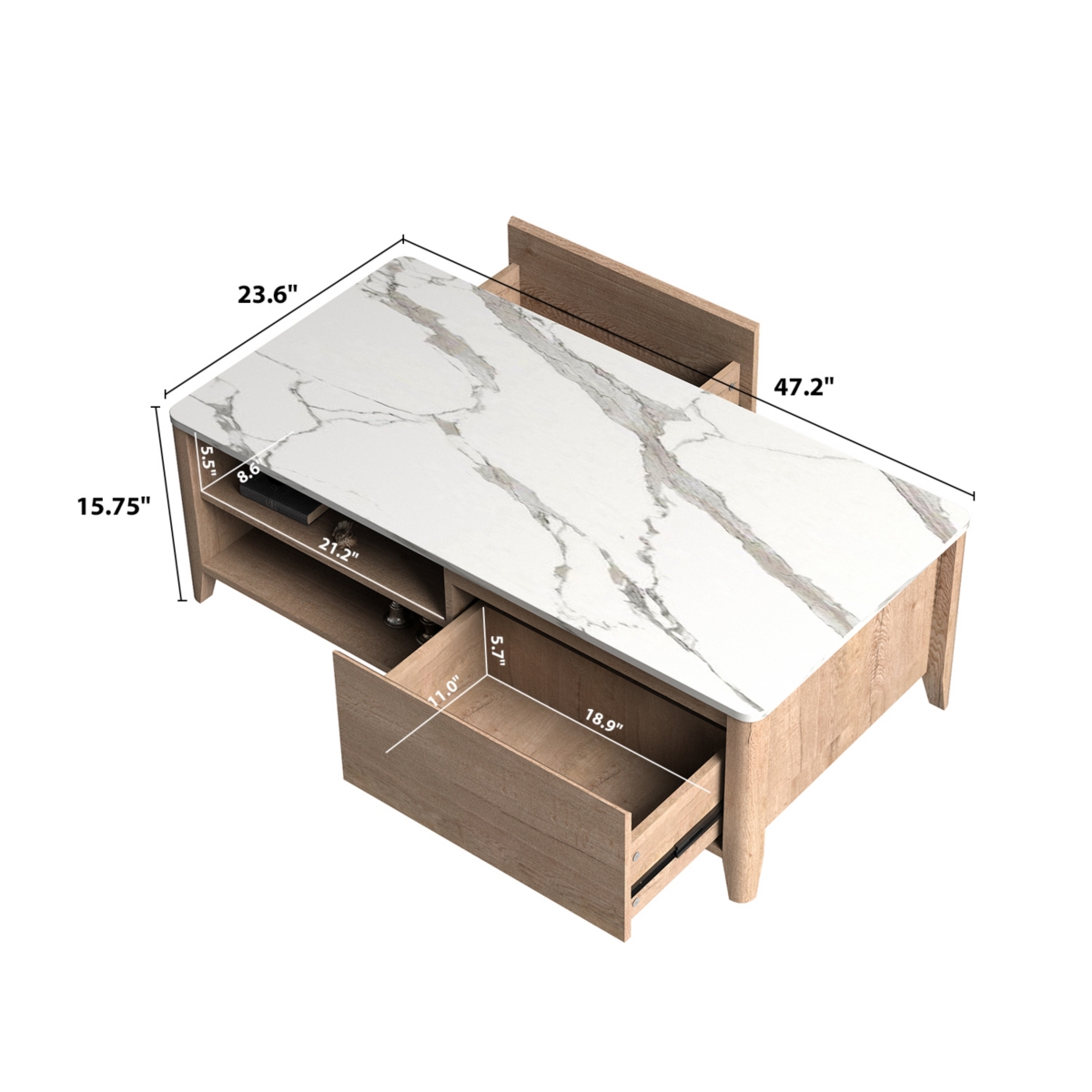 Streamdale Furniture Farmhouse Double Drawer Coffee Table, Tobacco Wood & White Marble