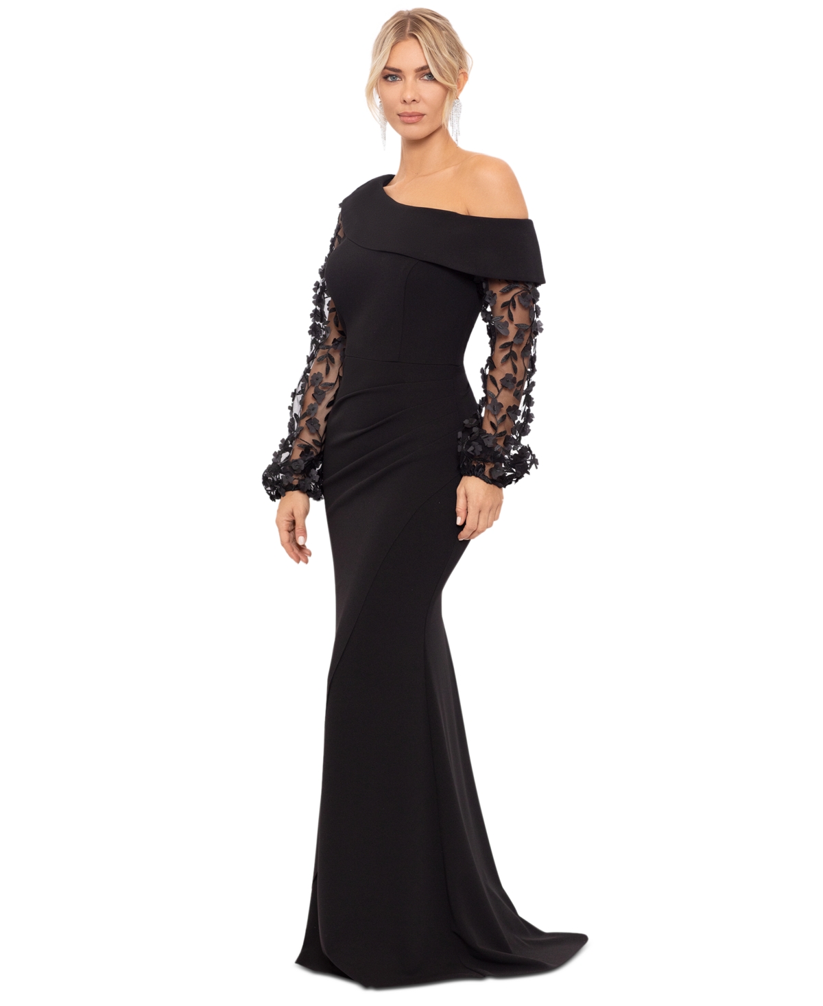 Shop Xscape Petite Off-the-shoulder Floral-sleeve Gown In Black