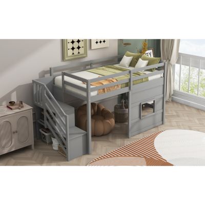 Twin Size Loft Bed With Storage Staircase And Window.
