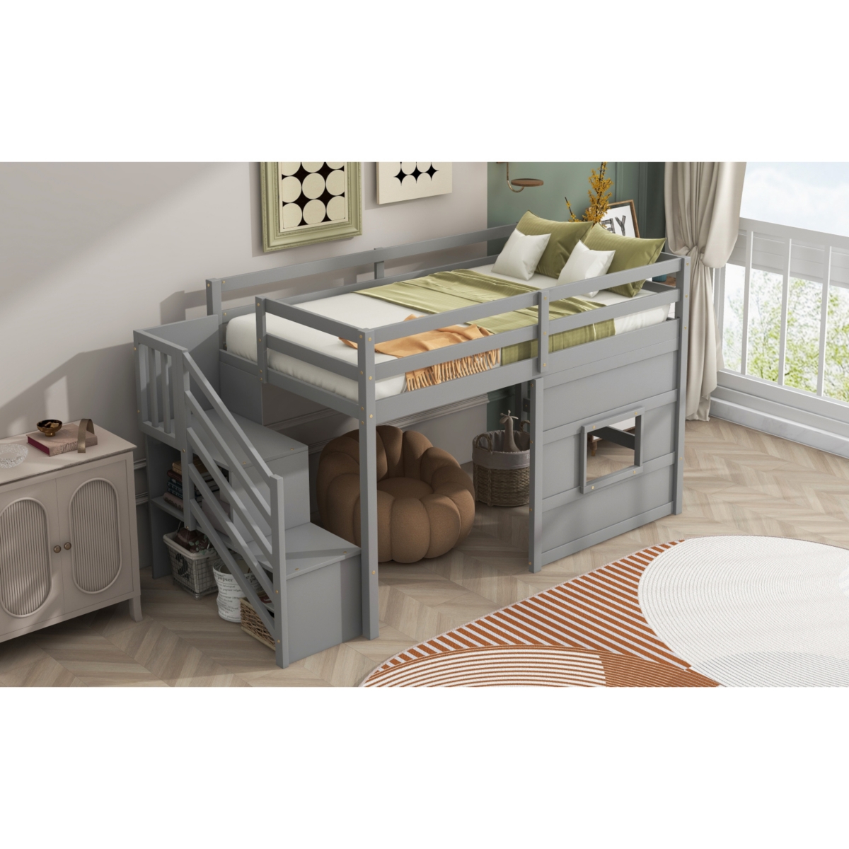 Simplie Fun Twin Loft Bed With Storage Staircase And Window, Gray
