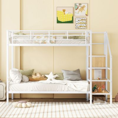 Streamdale Twin Over Twin Metal Bunk Bed With Lateral Storage Ladder And Wardrobe