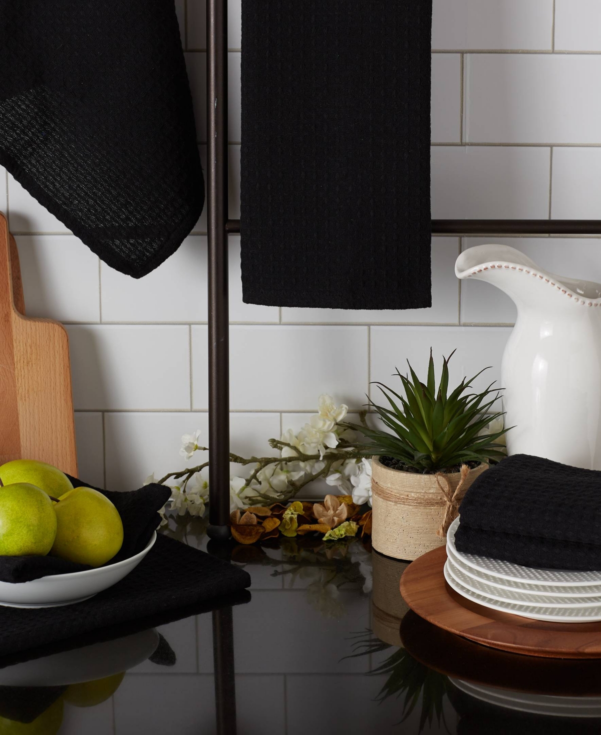 Design Imports Cotton Kitchen Collection Dishtowel Set, 18x26", Black, 6 Piece In Black