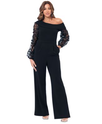 XSCAPE - Women's 3D Floral-Sleeve Wide-Leg Jumpsuit