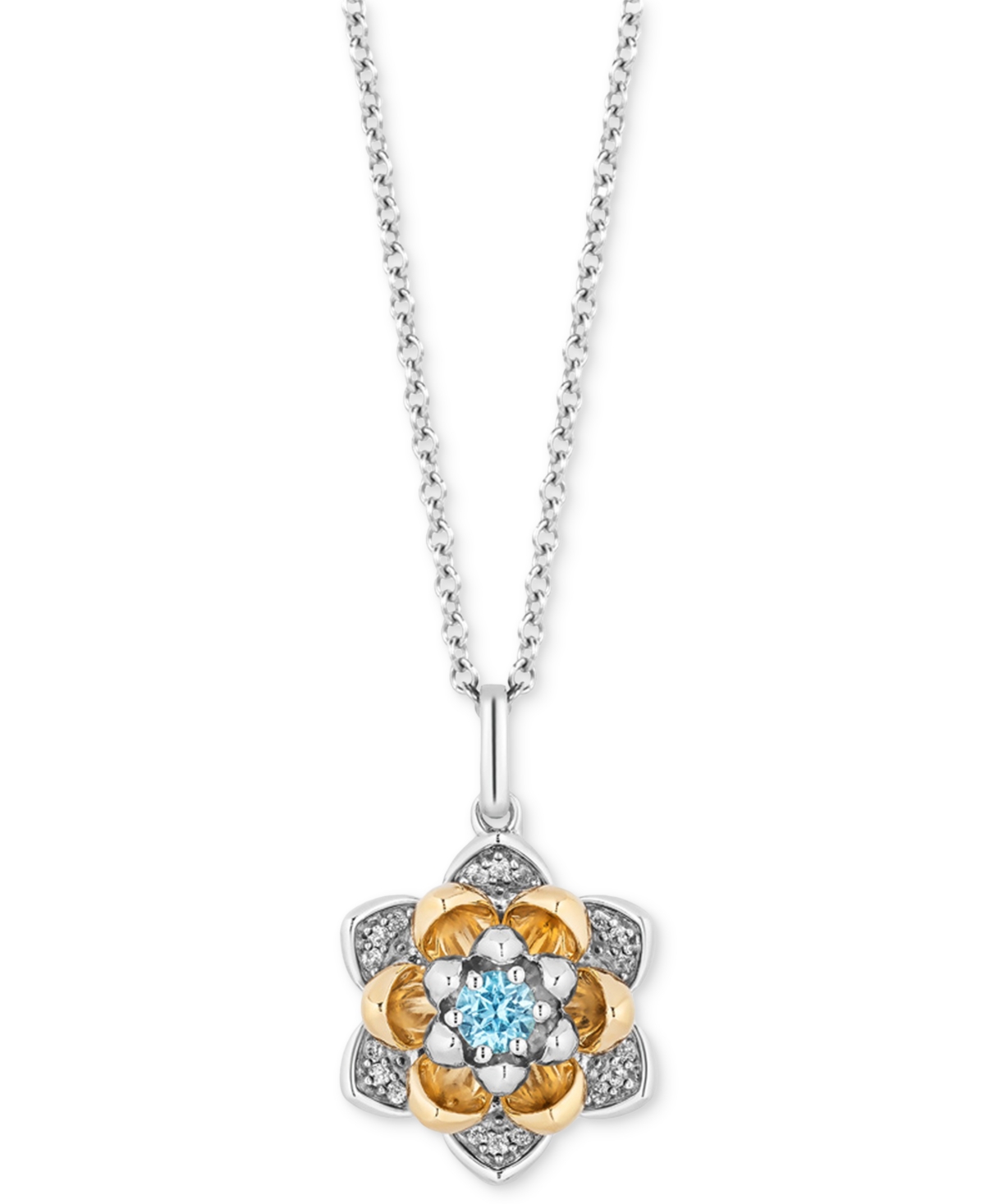 Swiss Blue Topaz (1/5 ct. t.w.) & Diamond (1/10 ct. t.w.) Jasmine Flower Pendant Necklace in Sterling Silver & 10k Gold, 16" + 2" extender - Sterling