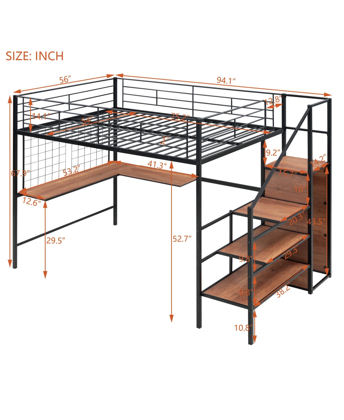 Simplie Fun Metal Loft Bed with Desk, Ladder and Wardrobe, White