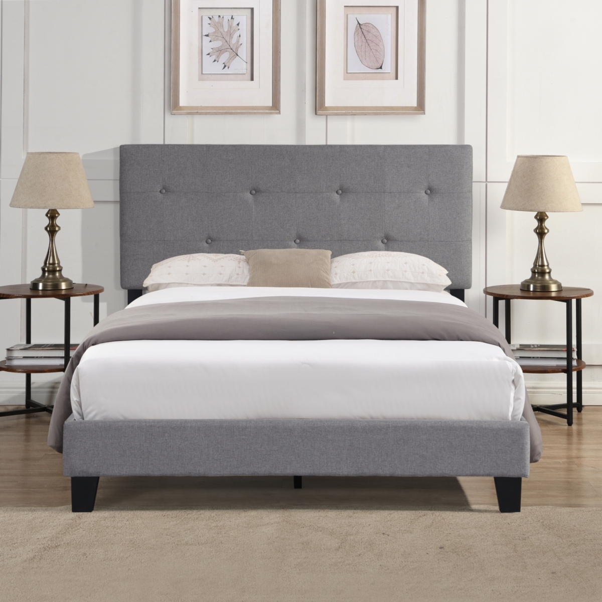 Simplie Fun Gray Upholstered Platform Bed Frame, Easy Assembly